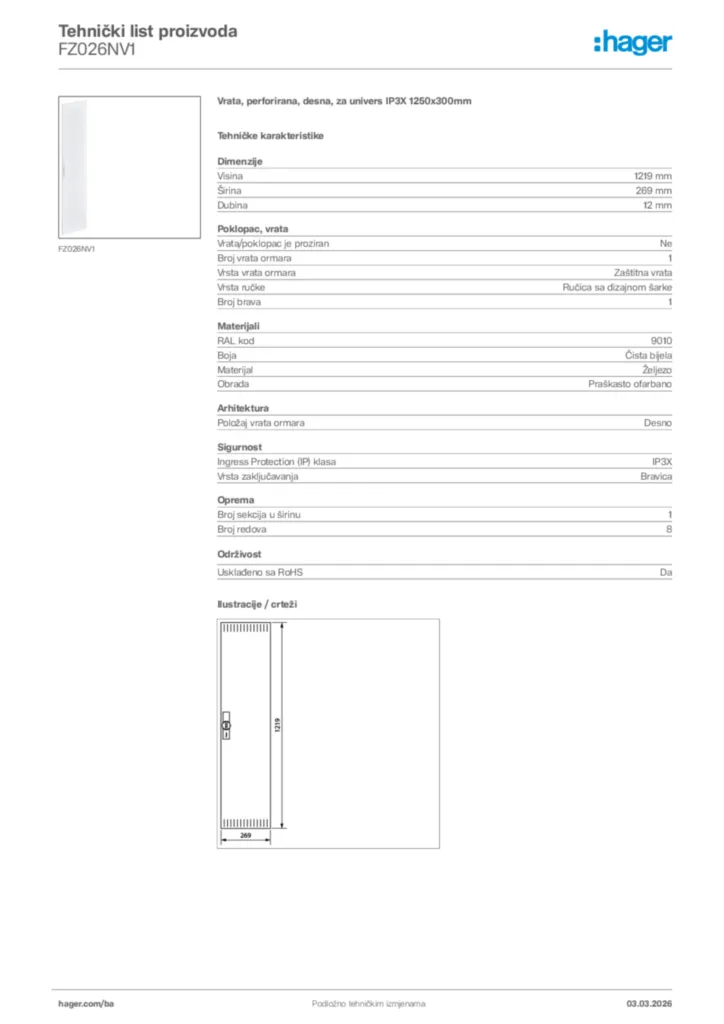 Slika Hager Tehnički list proizvoda FZ026NV1  | Hager