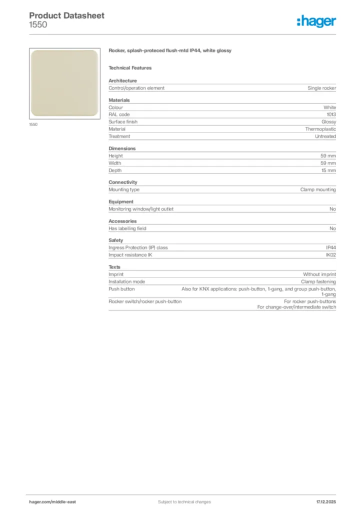 Image Hager Product data sheet 1550  | Hager