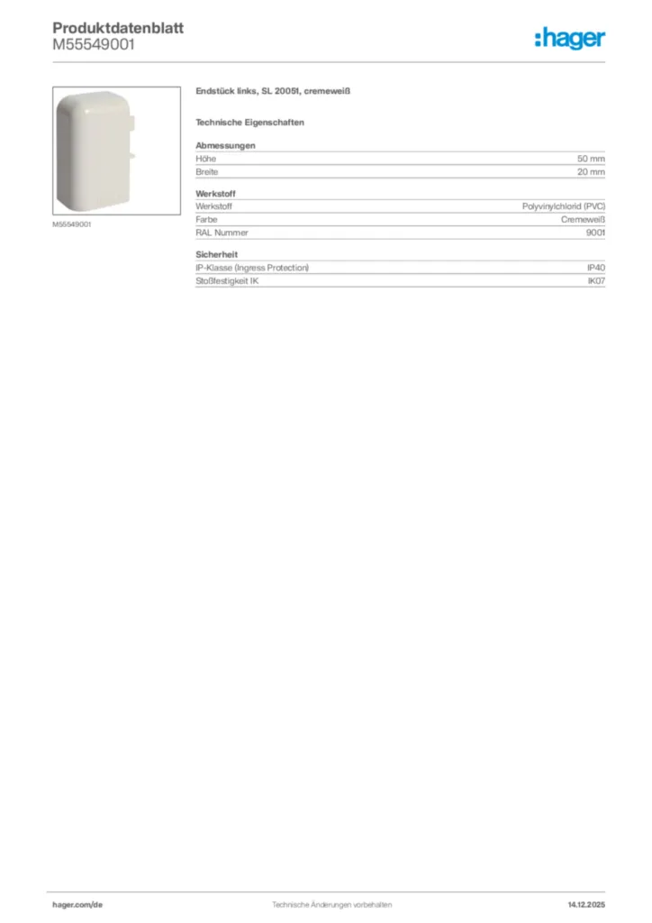 Bild Hager Produktdatenblatt M55549001 | Hager Deutschland