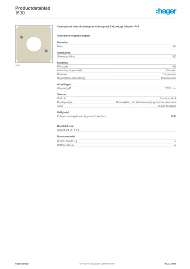 Afbeelding Hager Productdatablad 1530 | Hager Nederland