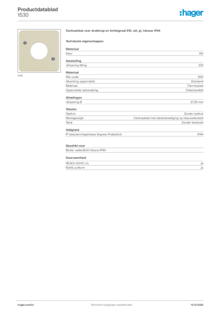 Afbeelding Hager Productdatablad 1530 | Hager Nederland