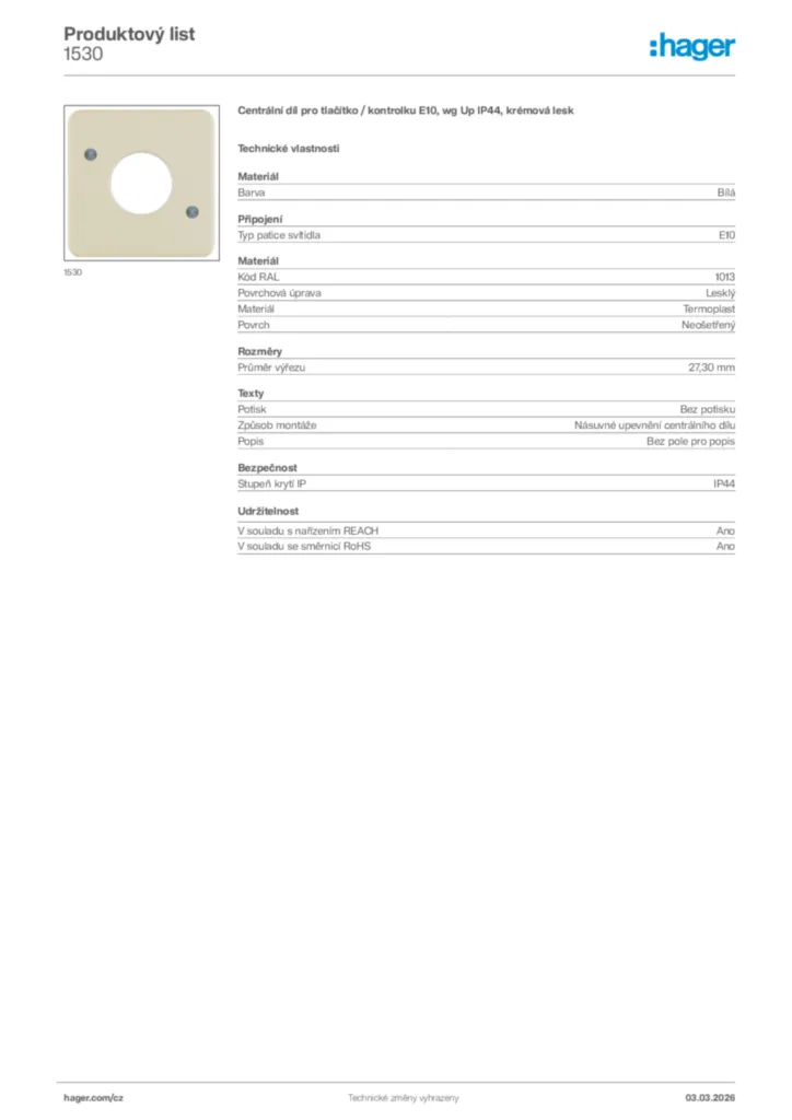Obrázek Hager Product data sheet 1530 | Hager
