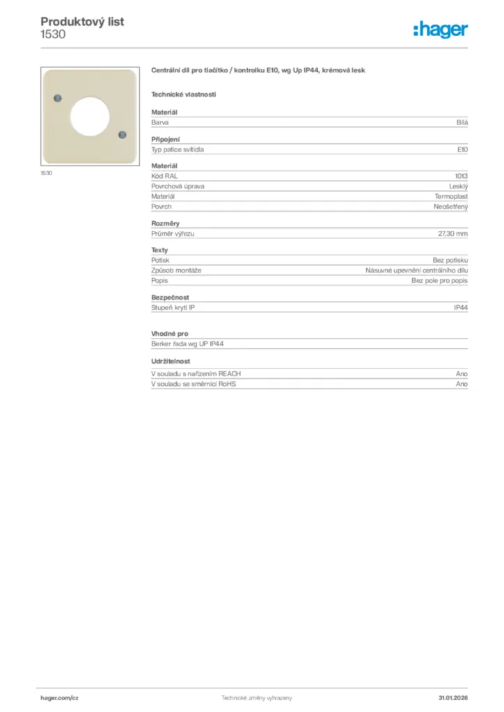 Obrázek Hager Product data sheet 1530 | Hager