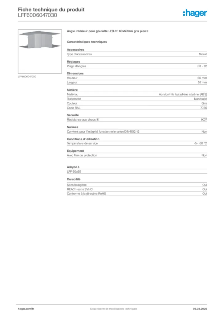 Image Hager Fiche technique du produit LFF6006047030 | Hager France