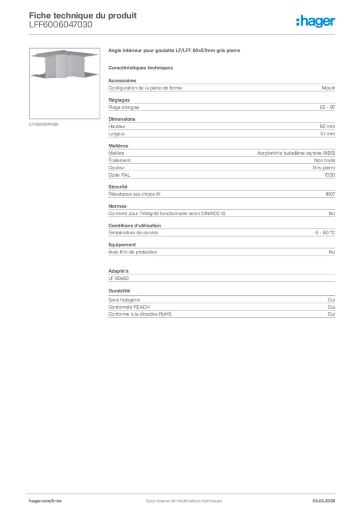 Image Hager Fiche technique du produit LFF6006047030 | Hager Belgique