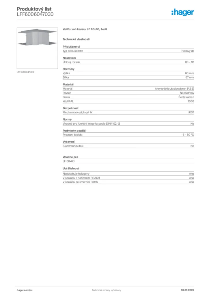 Obrázek Hager Product data sheet LFF6006047030 | Hager