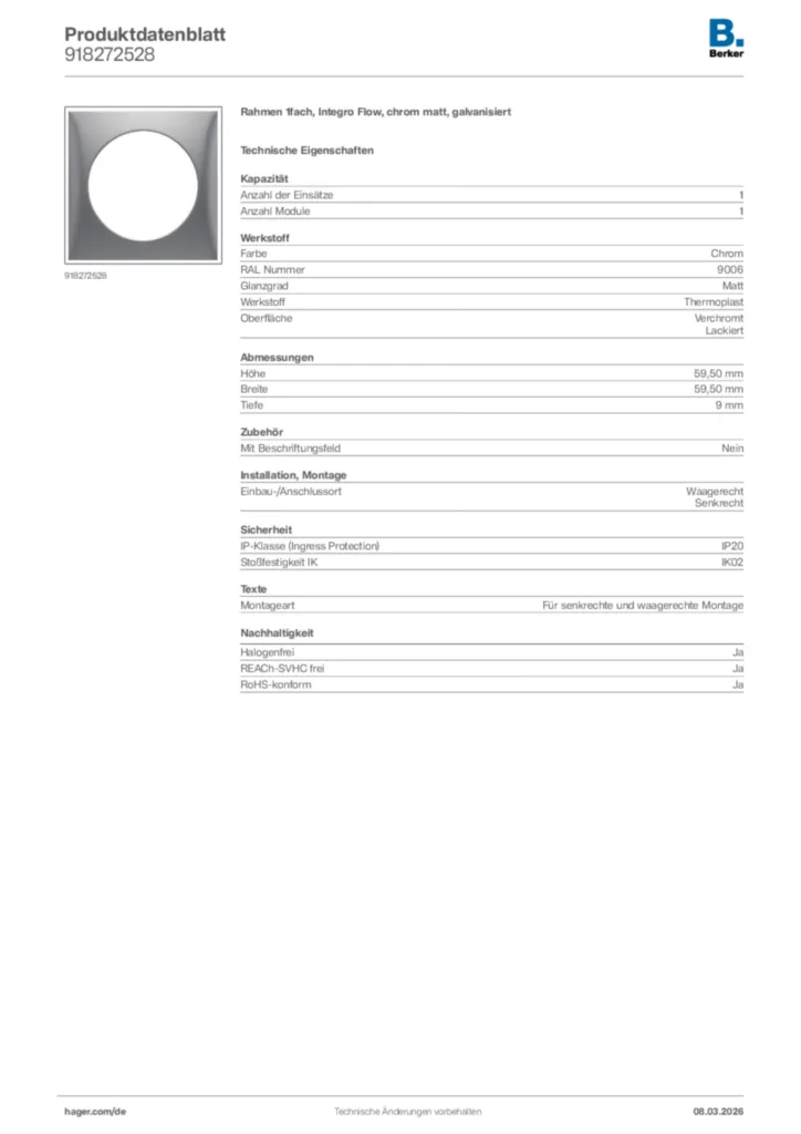 Bild Berker Produktdatenblatt 918272528 | Hager Deutschland