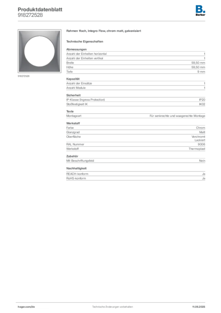 Bild Berker Produktdatenblatt 918272528 | Hager Deutschland