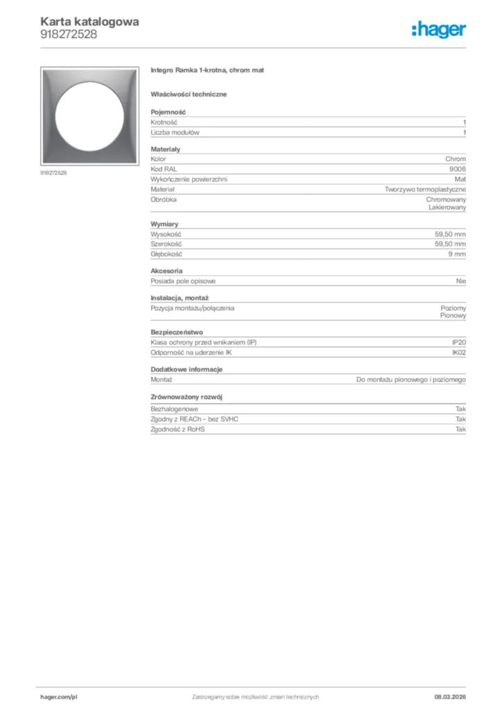 Zdjęcie Hager Karta katalogowa 918272528 | Hager Polska