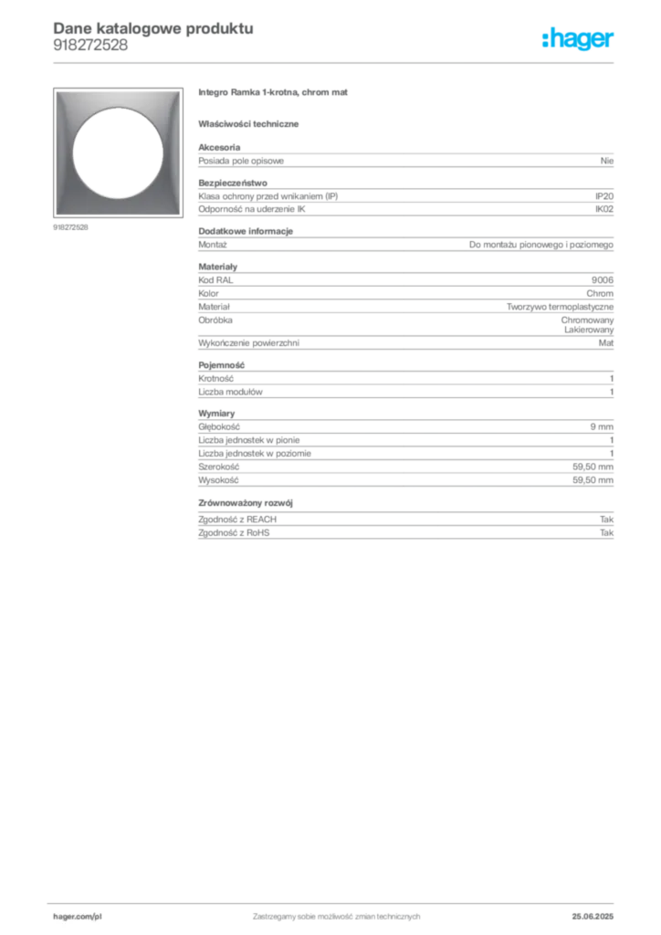 Zdjęcie Hager Karta katalogowa 918272528 | Hager Polska