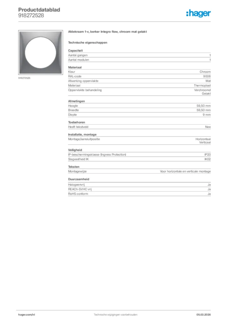 Afbeelding Hager Productdatablad 918272528 | Hager Nederland