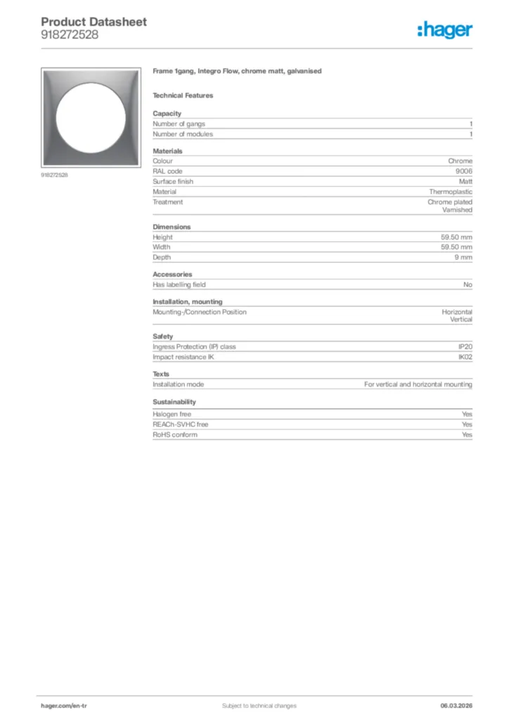 Image Hager Product data sheet 918272528  | Hager