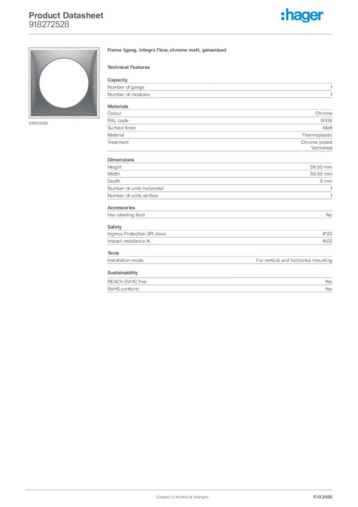 Image Hager Product data sheet 918272528  | Hager