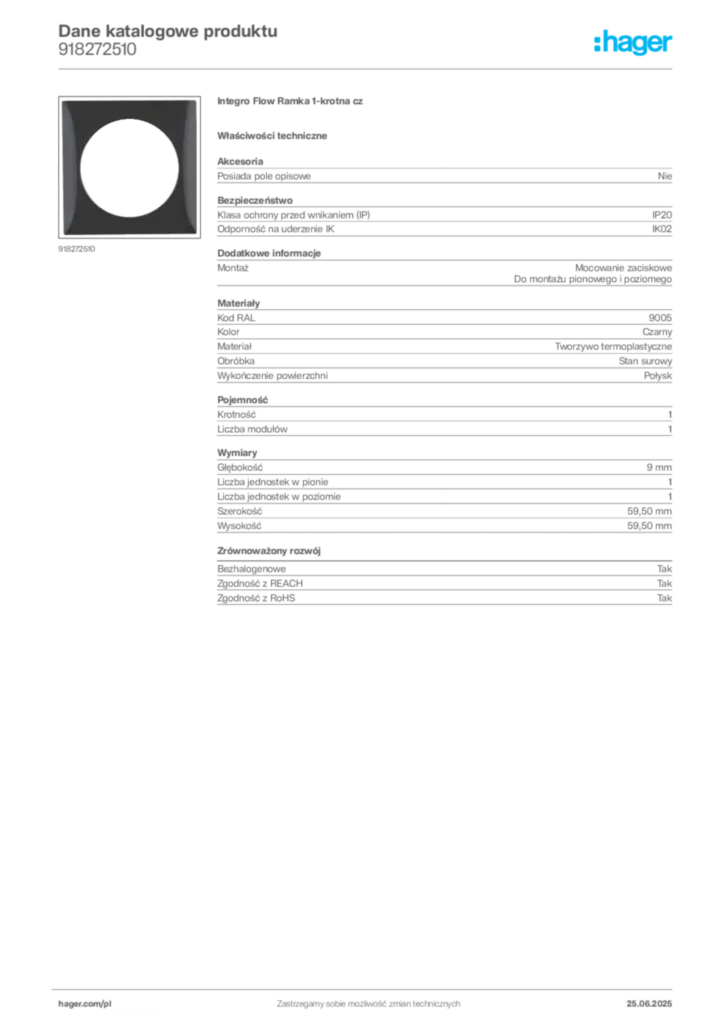 Zdjęcie Hager Karta katalogowa 918272510 | Hager Polska
