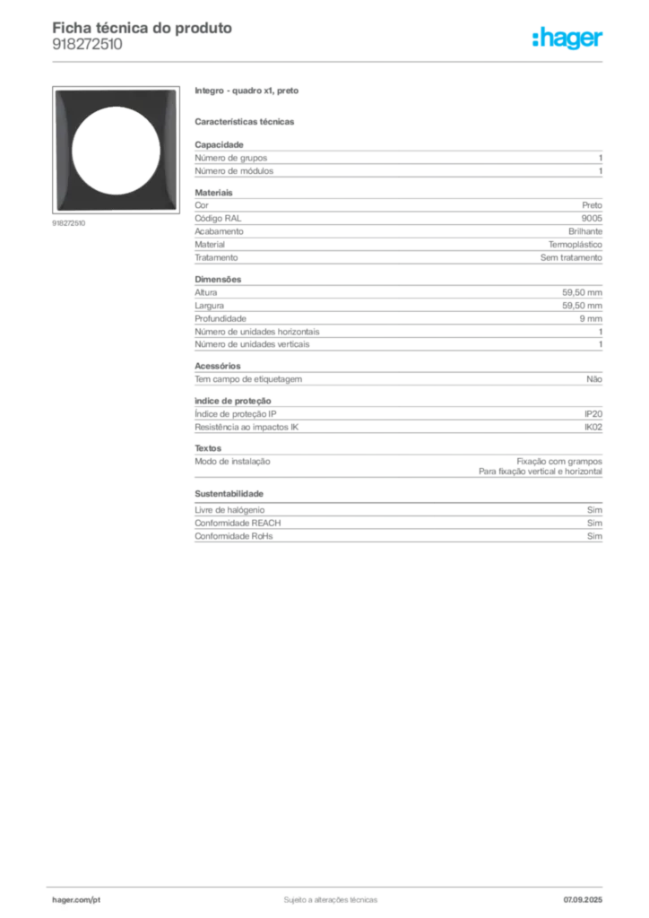 Imagem Hager Ficha técnica do produto 918272510 | Hager Portugal