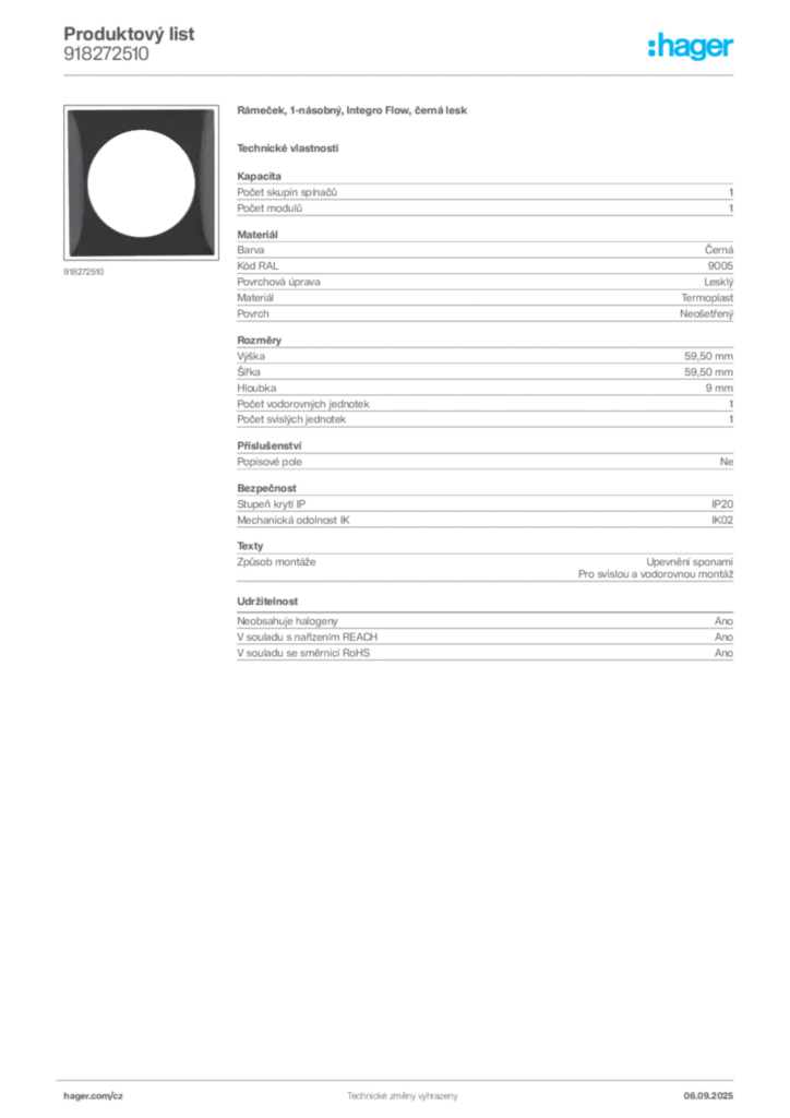 Obrázek Hager Produktový list 918272510 | Hager