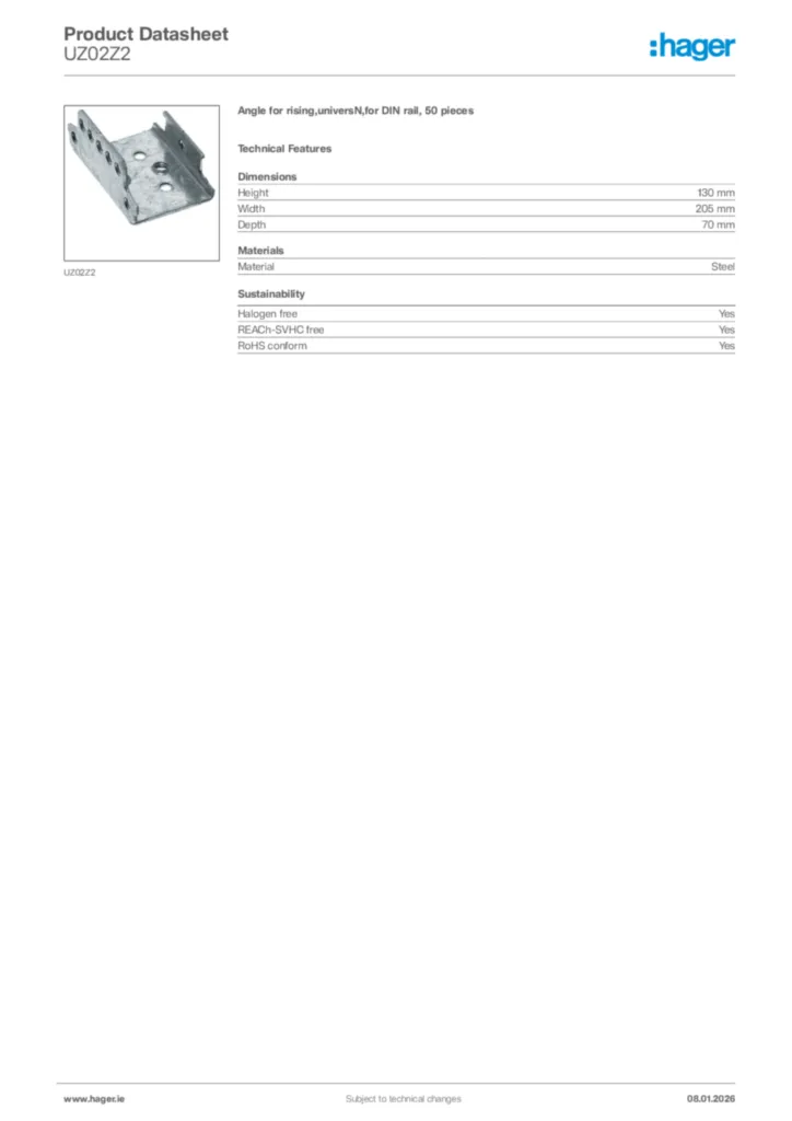 Image Hager Product data sheet UZ02Z2  | Hager