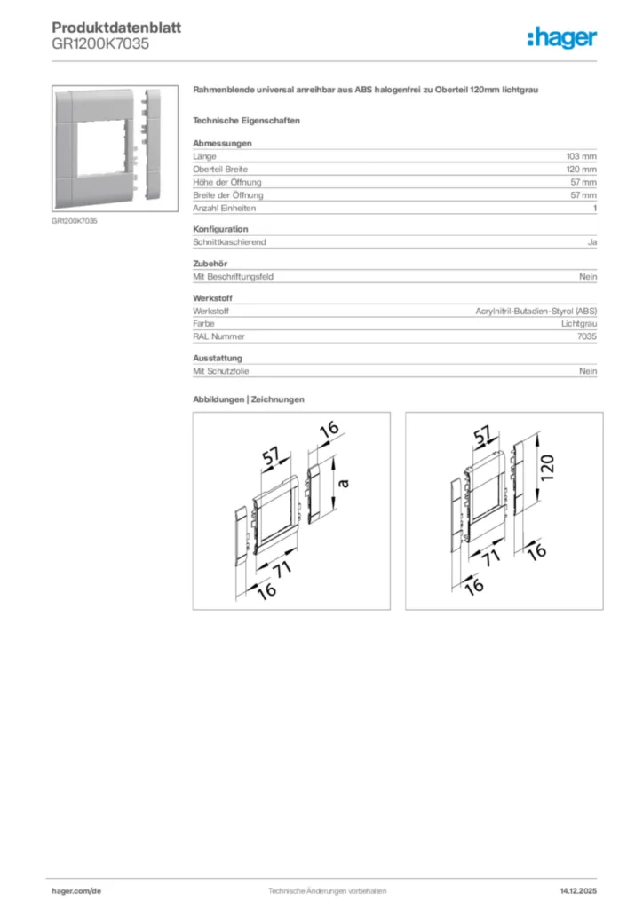 Bild Hager Produktdatenblatt GR1200K7035 | Hager Deutschland
