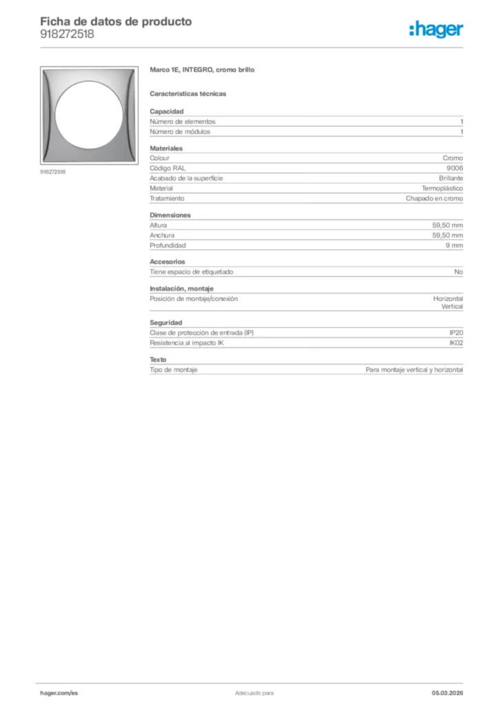 Imagen Hager Ficha de datos de producto 918272518 | Hager España