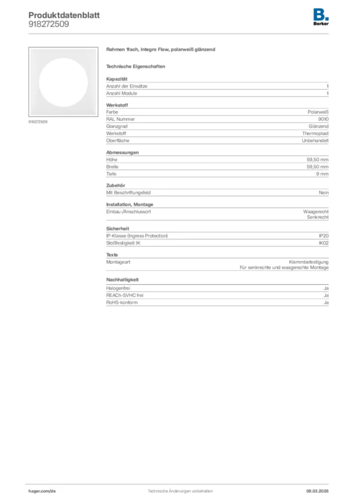 Bild Berker Produktdatenblatt 918272509 | Hager Deutschland
