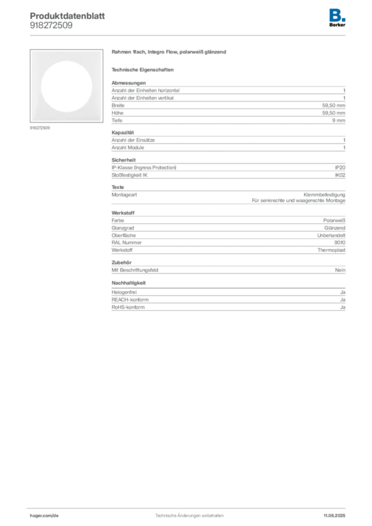 Bild Berker Produktdatenblatt 918272509 | Hager Deutschland