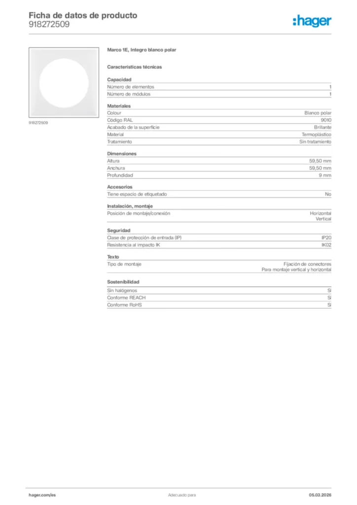 Imagen Hager Ficha de datos de producto 918272509 | Hager España