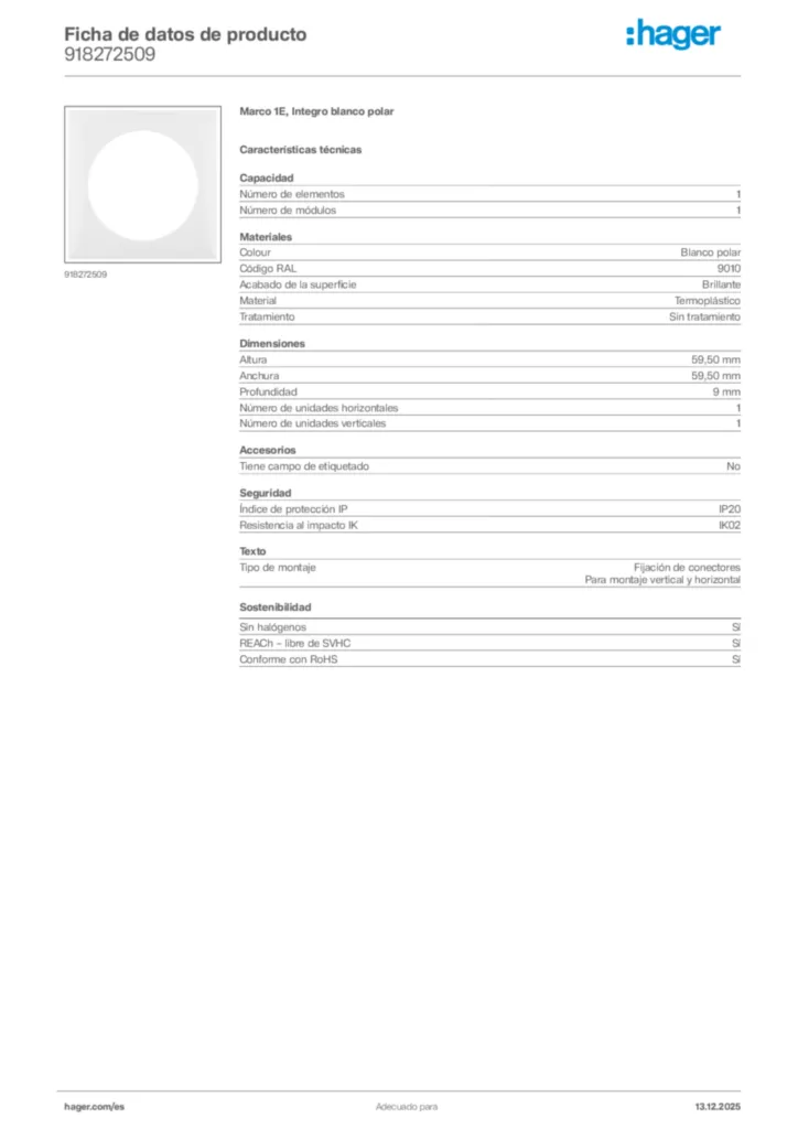 Imagen Hager Ficha de datos de producto 918272509 | Hager España