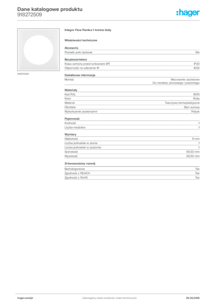 Zdjęcie Hager Karta katalogowa 918272509 | Hager Polska