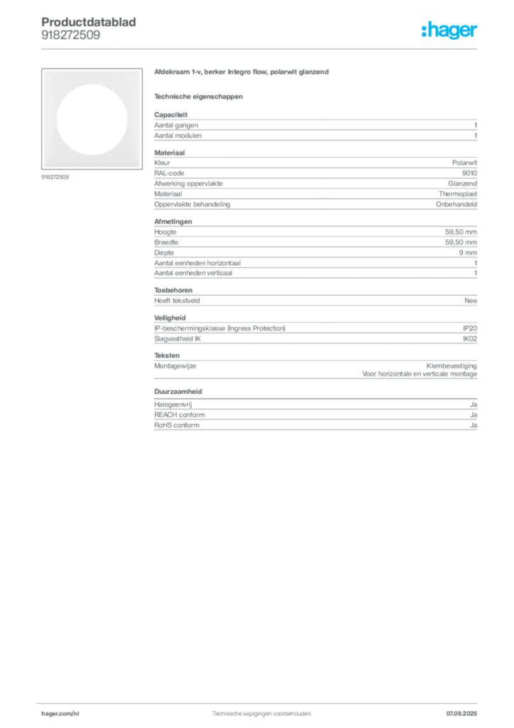 Afbeelding Hager Productdatablad 918272509 | Hager Nederland