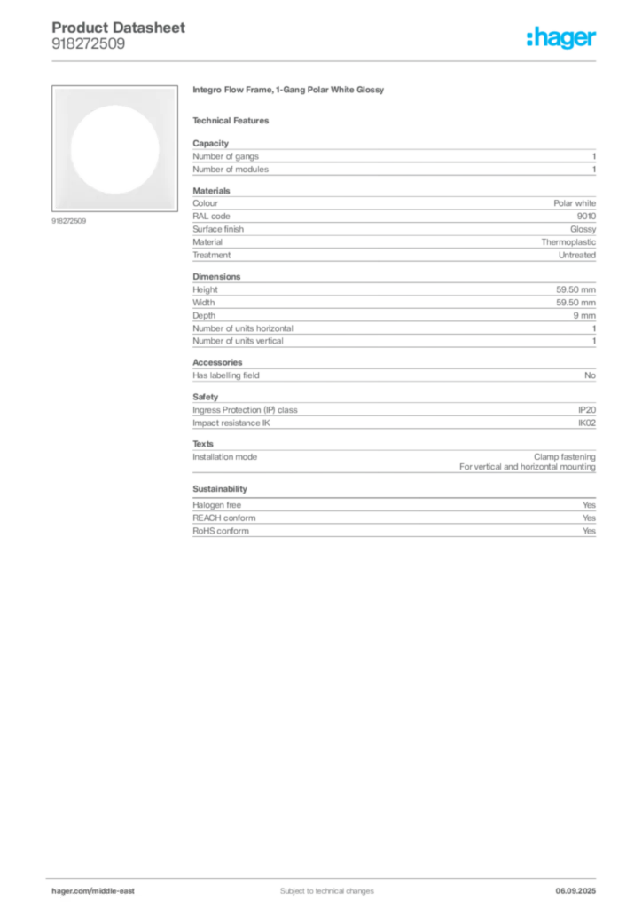 Image Hager Product data sheet 918272509  | Hager