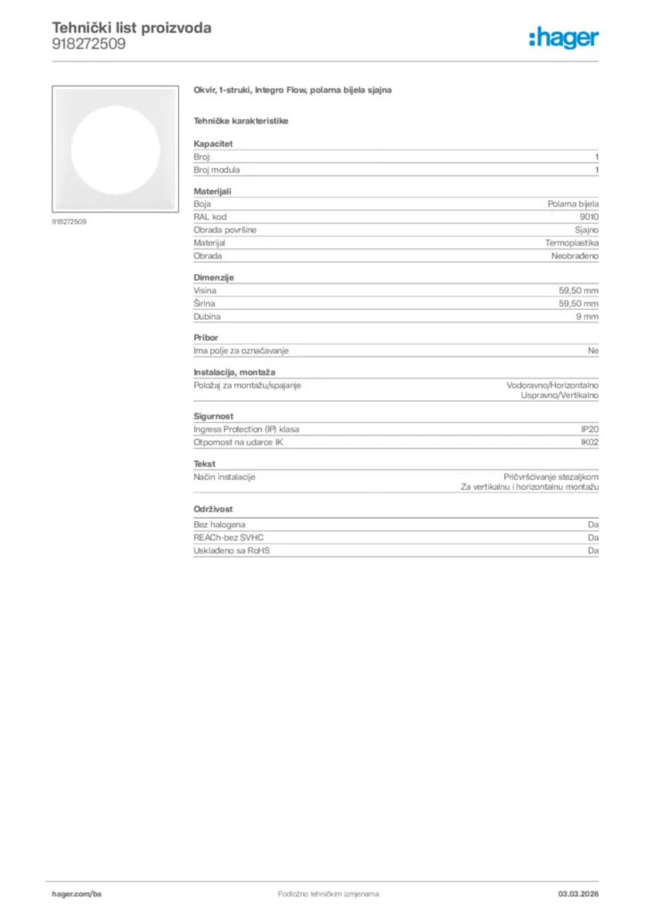 Slika Hager Tehnički list proizvoda 918272509  | Hager