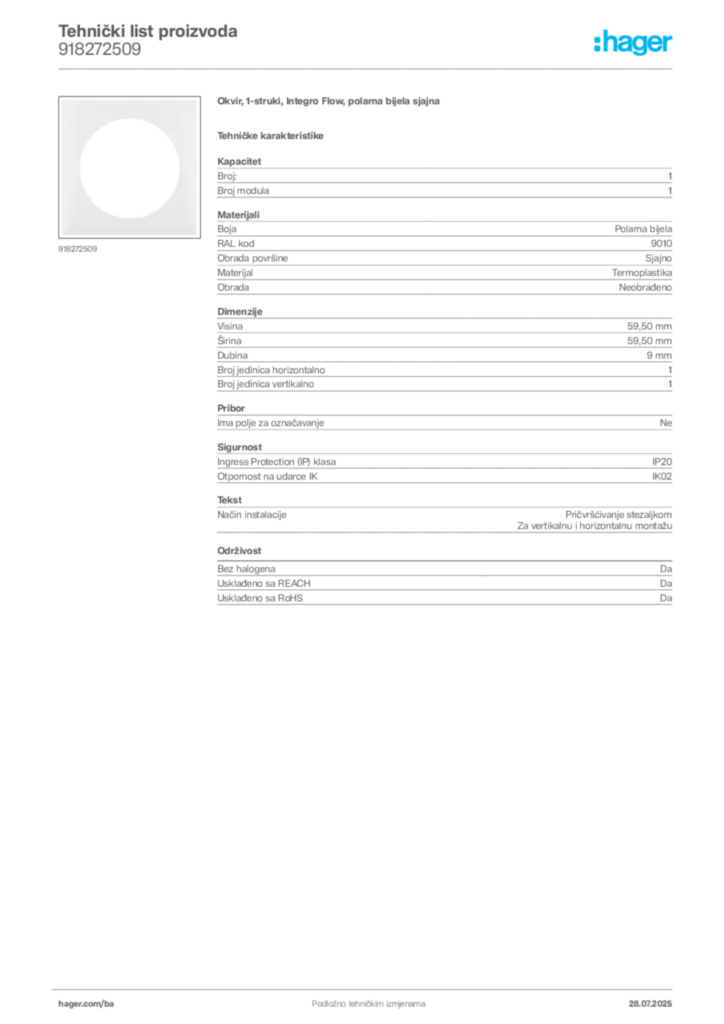 Slika Hager Product data sheet 918272509  | Hager