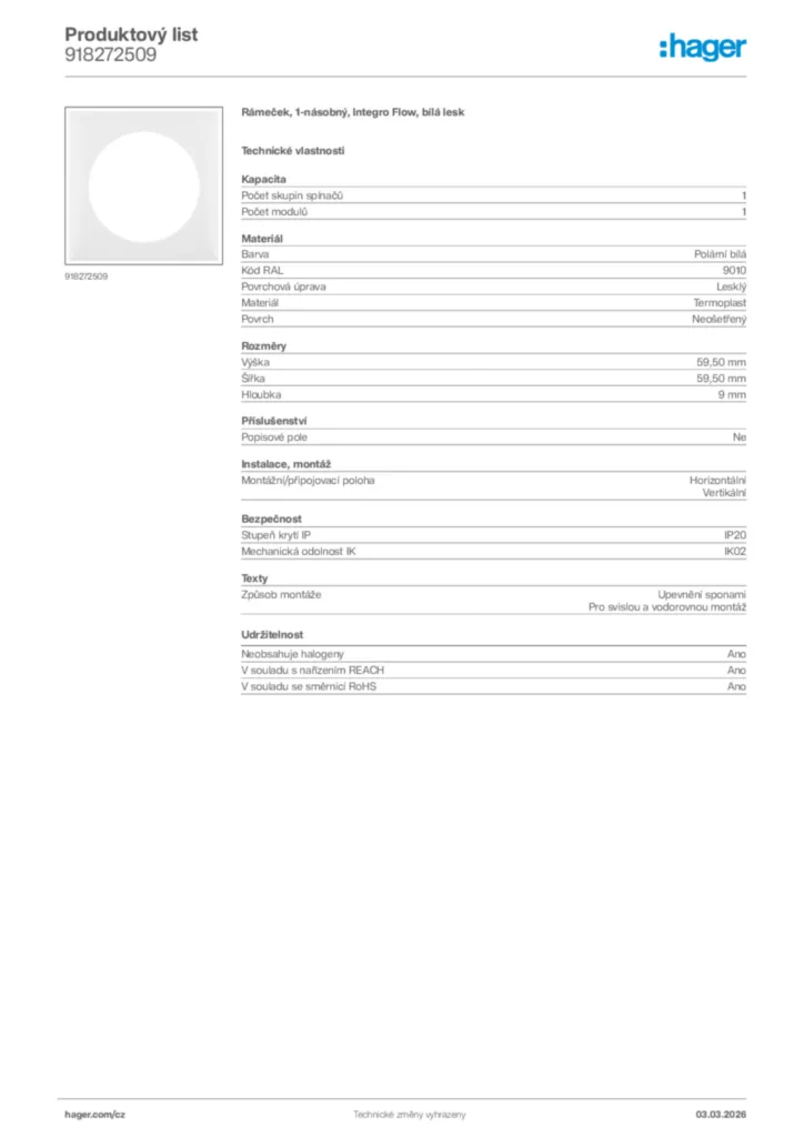 Obrázek Hager Product data sheet 918272509 | Hager