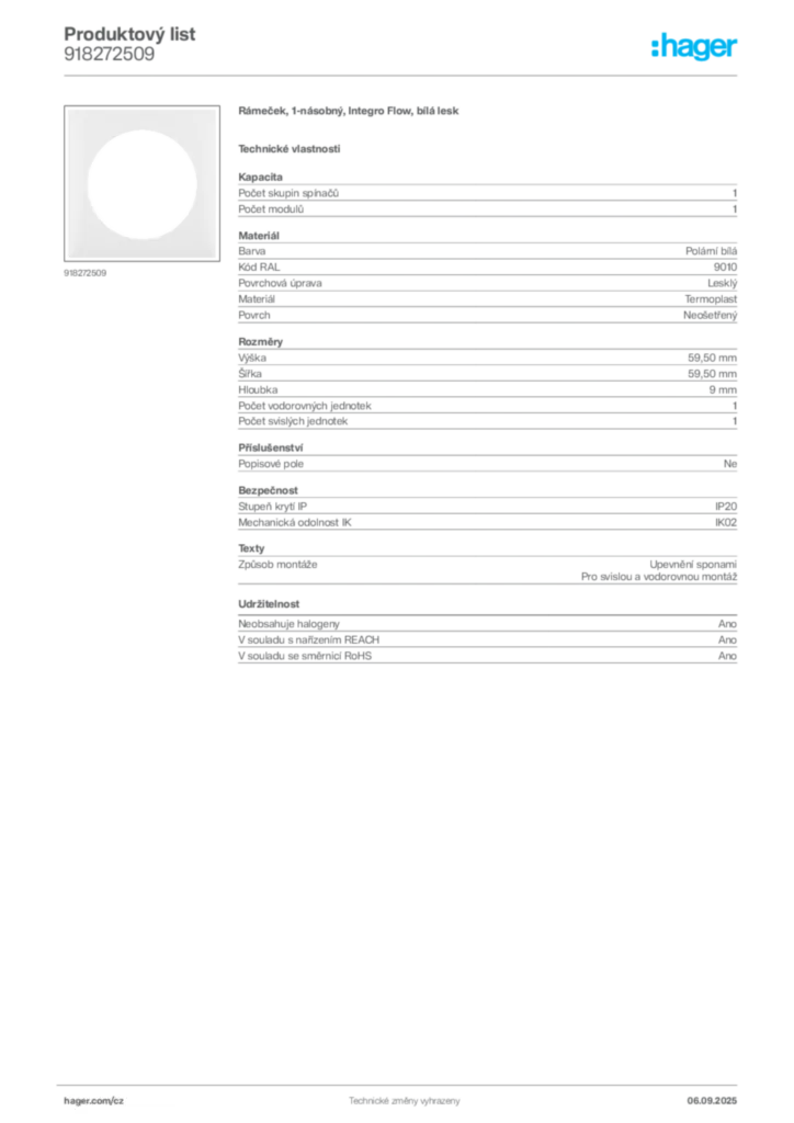 Obrázek Hager Produktový list 918272509 | Hager