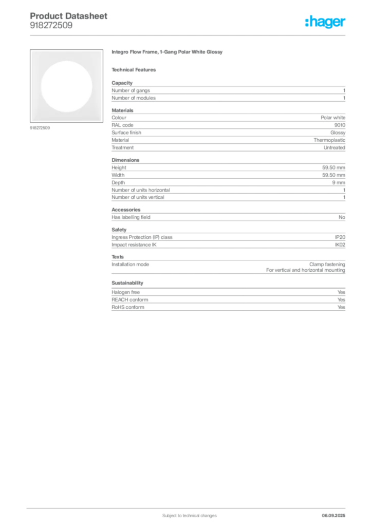Image Hager Product data sheet 918272509  | Hager