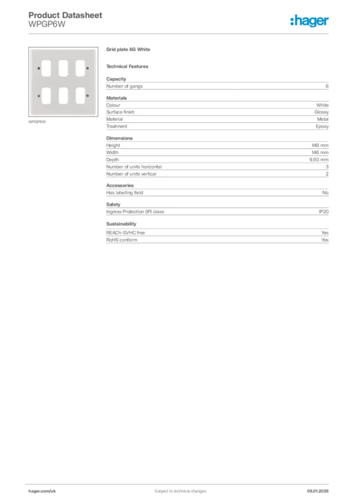 Image Hager Product data sheet WPGP6W  | Hager