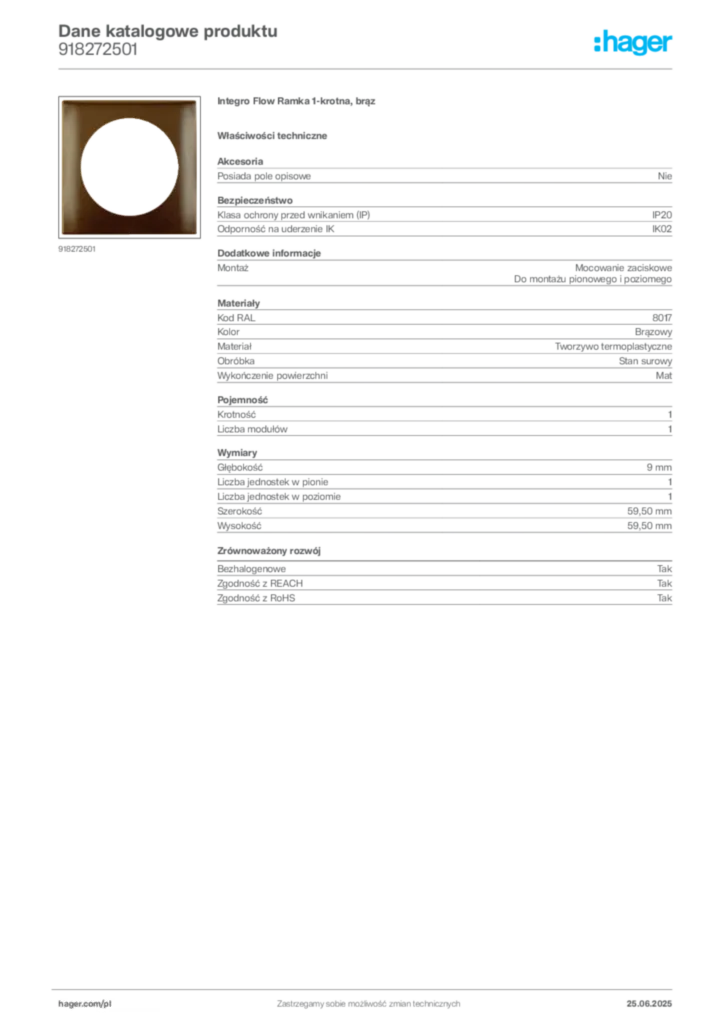 Zdjęcie Hager Karta katalogowa 918272501 | Hager Polska