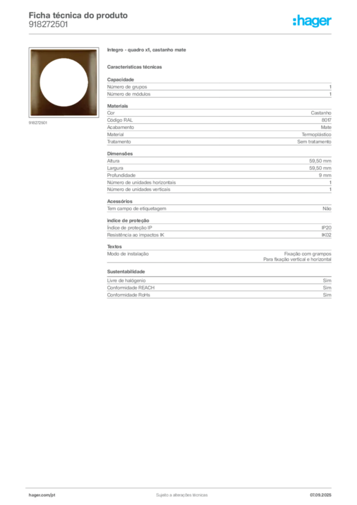 Imagem Hager Ficha técnica do produto 918272501 | Hager Portugal