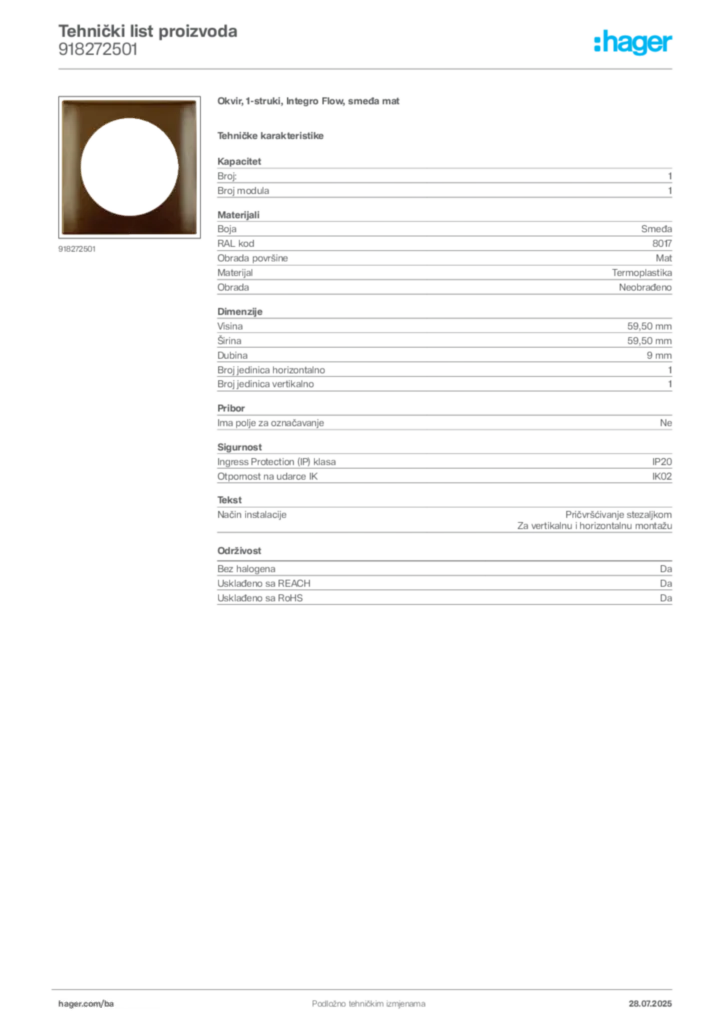 Slika Hager Product data sheet 918272501  | Hager