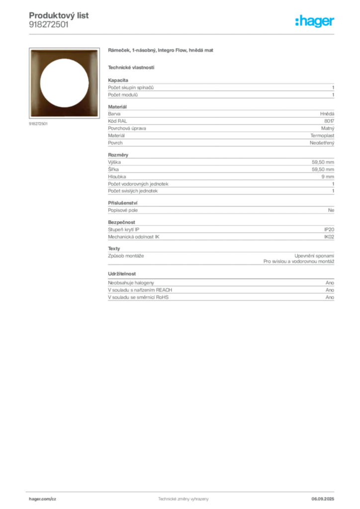 Obrázek Hager Produktový list 918272501 | Hager