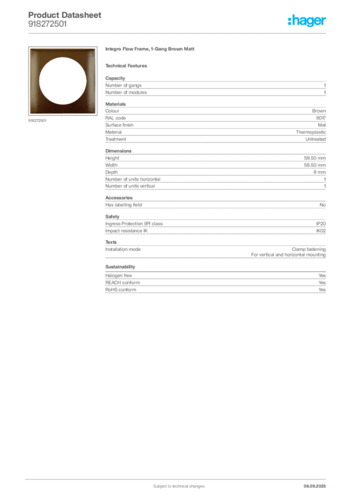 Image Hager Product data sheet 918272501  | Hager