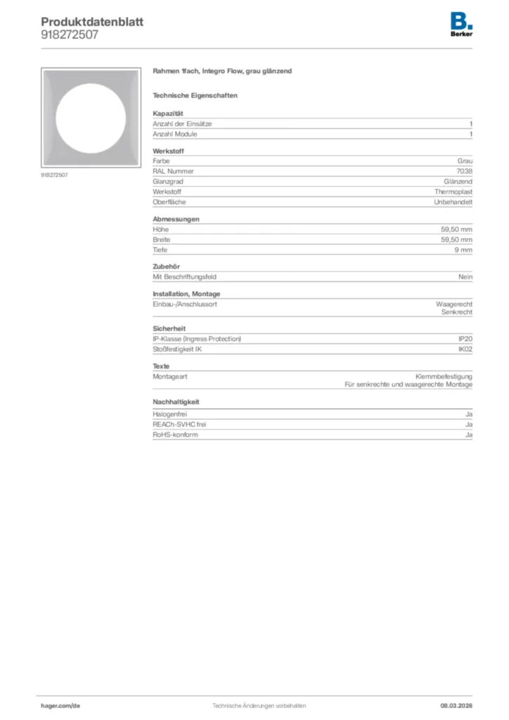 Bild Berker Produktdatenblatt 918272507 | Hager Deutschland