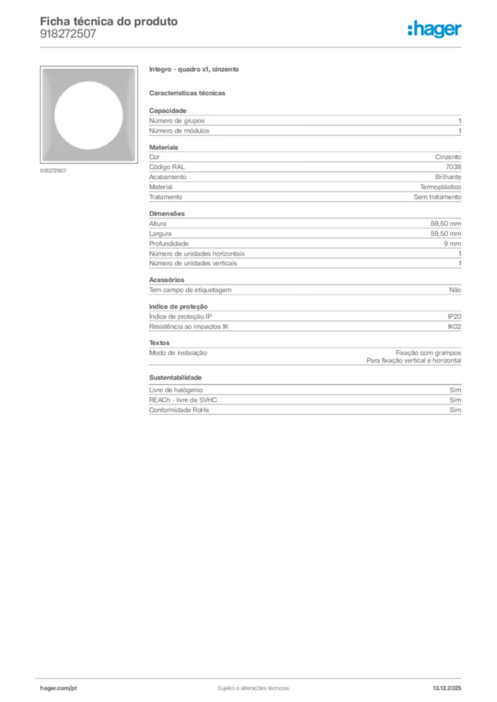 Imagem Hager Ficha técnica do produto 918272507 | Hager Portugal