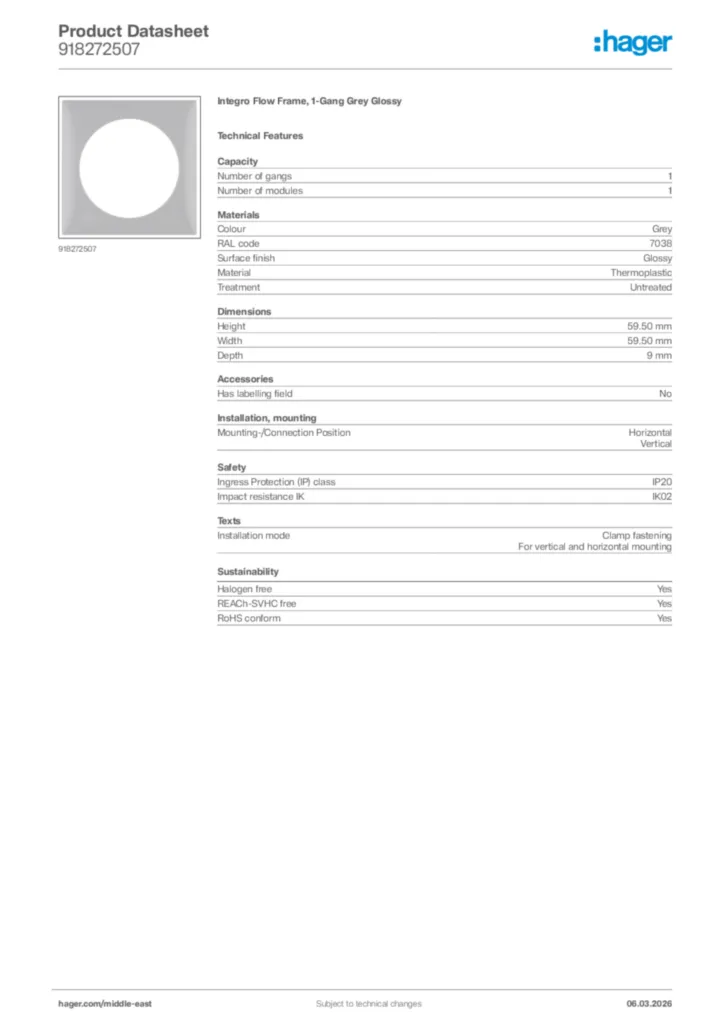 Image Hager Product data sheet 918272507  | Hager