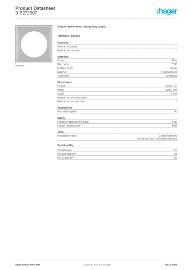 Image Hager Product data sheet 918272507  | Hager