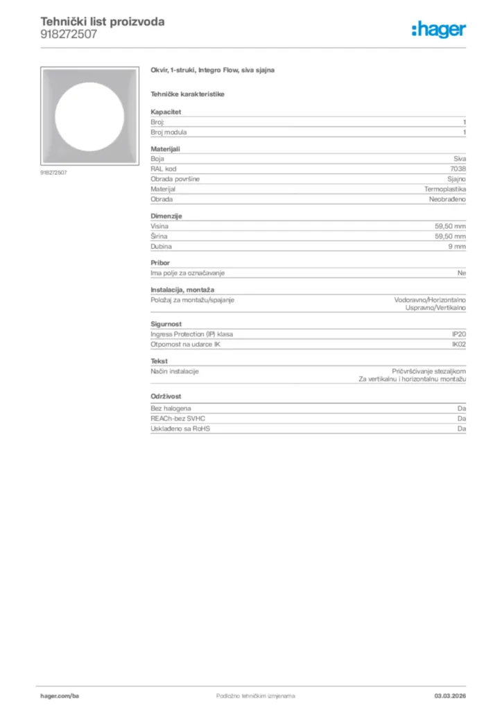 Slika Hager Tehnički list proizvoda 918272507  | Hager