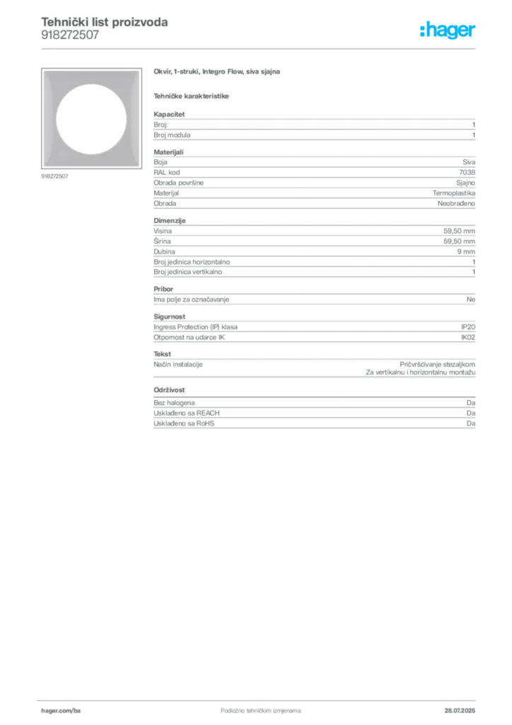 Slika Hager Product data sheet 918272507  | Hager
