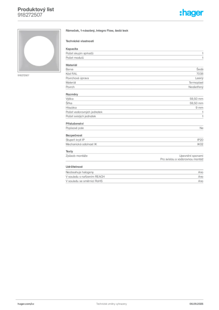 Obrázek Hager Produktový list 918272507 | Hager
