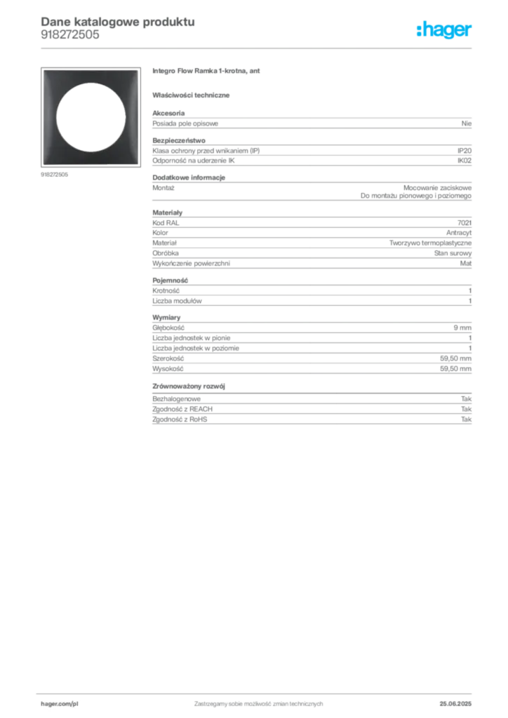 Zdjęcie Hager Karta katalogowa 918272505 | Hager Polska