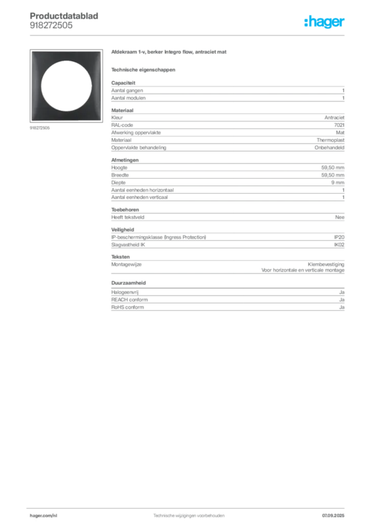 Afbeelding Hager Productdatablad 918272505 | Hager Nederland
